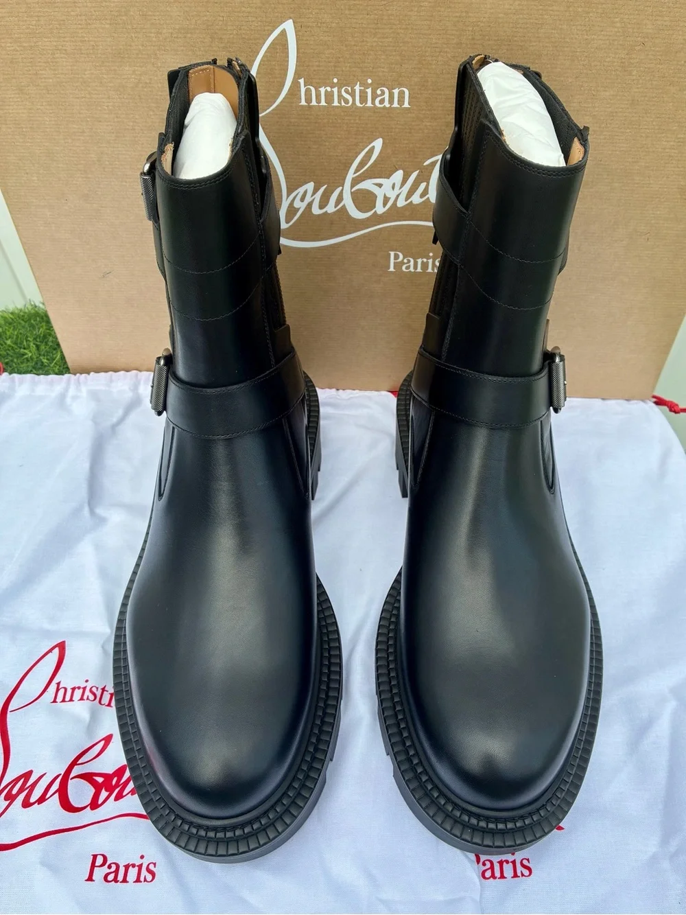 CHRISTIAN LOUBOUTIN OXYBOOTIE COLLEGE FLAT BLACK LEATHER ANKLE BOOTS SZ 43.5 NEW